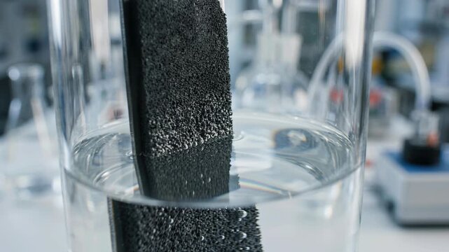 Porous carbon foam electrode soaked in liquid water producing microbubbles and ripples in lab experiment for clean green energy chemistry