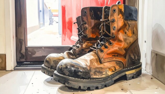 Station Boots: A pair of heavy, soot-stained fire boots standing by the door, soft focus background.