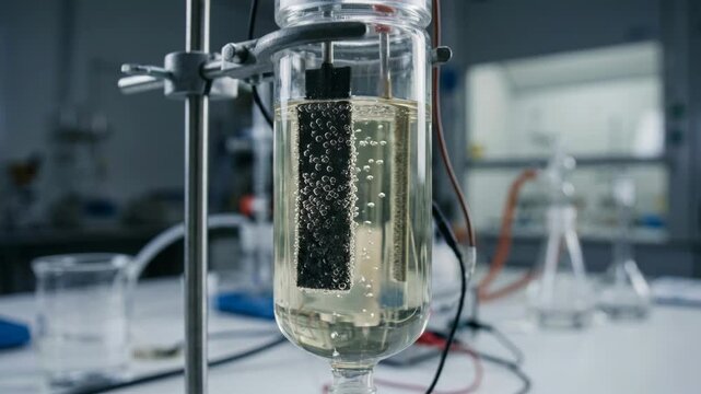 Porous carbon electrode bubbling clear electrolyte beaker and flask during green laboratory experiment demonstrating sustainable clean energy