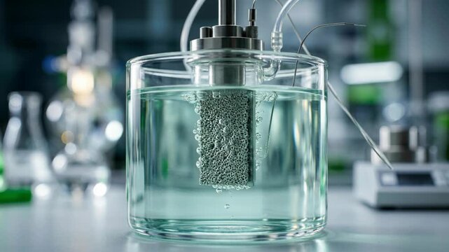 Clean green chemistry lab reactor with bubbling electrode stirring catalyst sponge immersed clear reactor producing gentle ripple effect