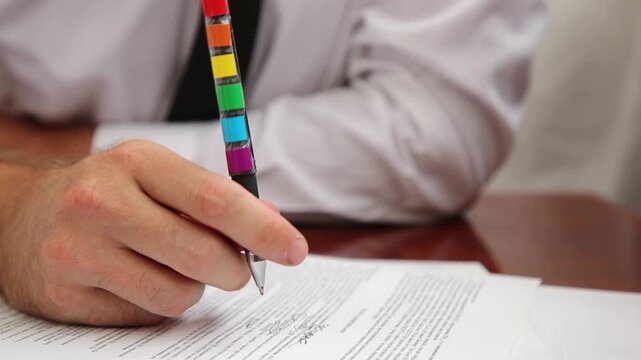 Young man in office holding pen with LGBT color, office worker
