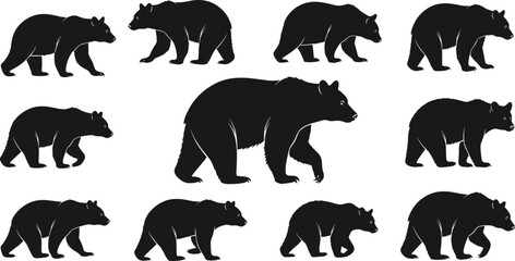 Obraz premium Black Bear Silhouette Collection with Multiple Walking Poses Wildlife Animal Vector Illustration for Nature, Forest, Hunting, and Outdoor Design Projects.