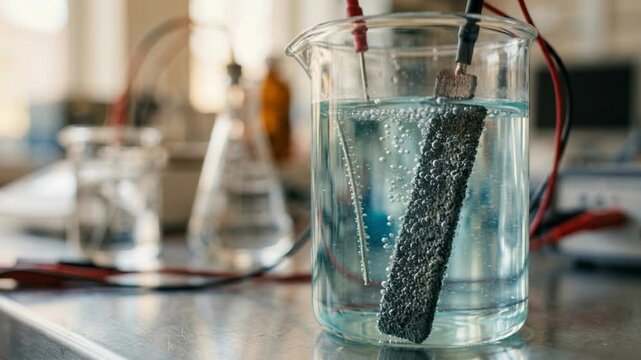Clean energy chemistry green laboratory electrolysis experiment electrode beaker producing bubbles clear solution hydrogen energy