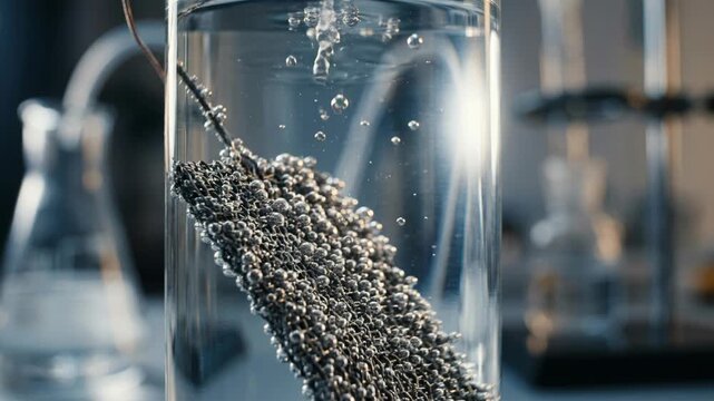 Clean energy chemistry green chemistry catalyst beads releasing gas bubbles laboratory vial experiment showing metal catalyst reaction clear beaker
