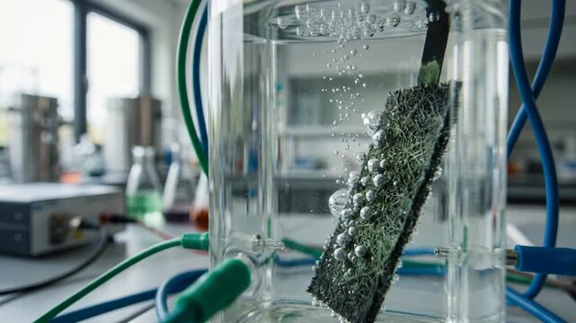 Porous electrode catalyst support laboratory electrochemical experiment producing bubbles during green chemistry electrolysis for sustainable