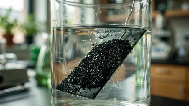 Porous carbon electrode suspended in water beaker with bubbling surface showcasing clean green energy chemistry in laboratory atmosphere