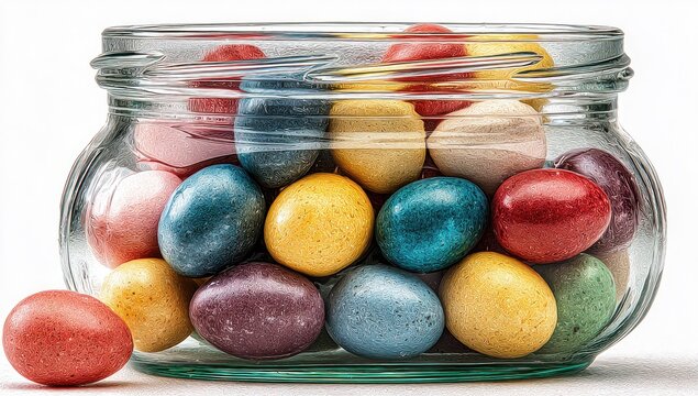 Colorful, speckled candy eggs fill a clear glass jar, some spilling out