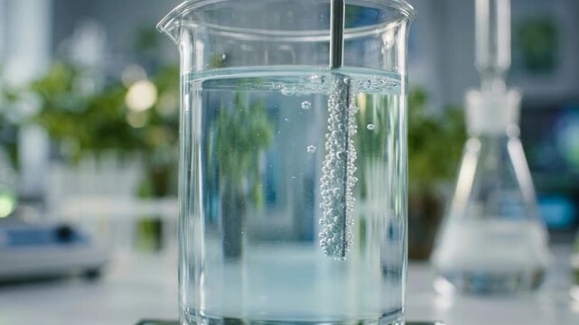 Clear water beaker with bubbling electrode stirring green chemistry solution in laboratory creating oxygen bubbles and sustainable energy research