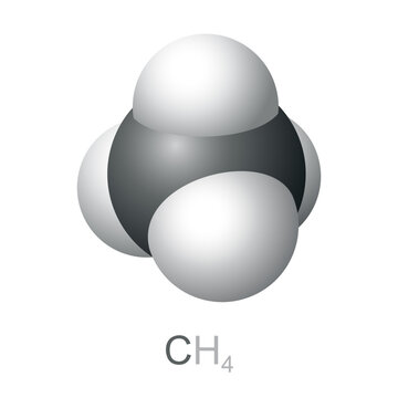 Methane molecule, CH4, space-filling model. Chemical compound of a carbon atom bonded to four hydrogen atoms. It is a group-14 hydride, the simplest alkane, and main constituent of natural gas. Vector
