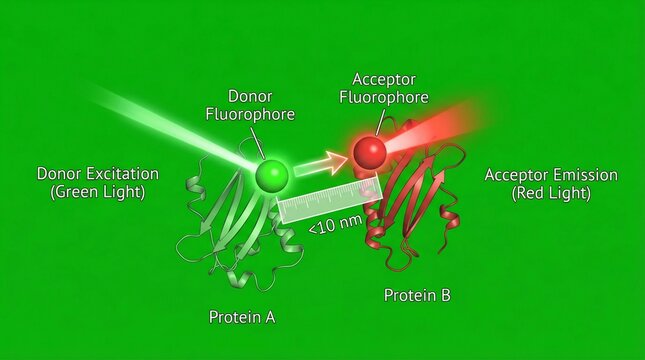 A scientific illustration of protein interaction with fluorophores and light emission