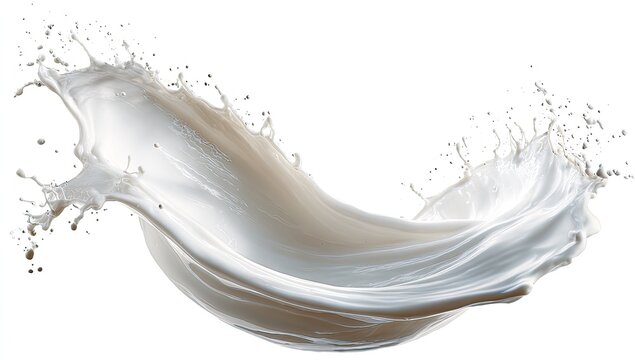 Creamy white liquid splashes dynamically in a curved arc against white