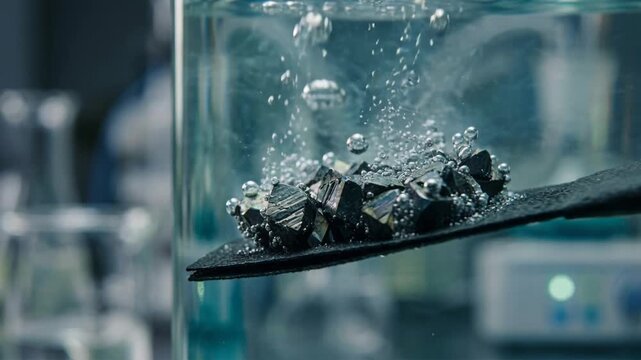 Clean green chemistry catalyst particle and metal crystal bubbles in laboratory experiment showing energy transfer and reaction mechanics