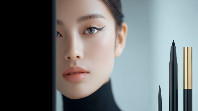 Beautiful young asian woman with perfect winged eyeliner posing near cosmetic pens