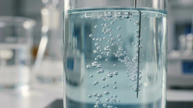 Clean energy chemistry green laboratory glass beaker bubbling solution probe electrode titration experiment releasing bubbles clear water creating