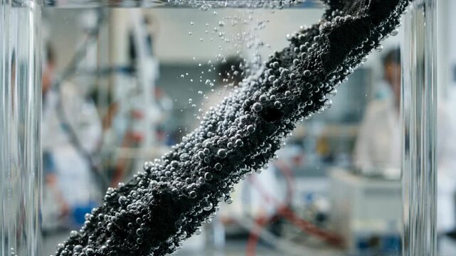 Black porous electrode releasing bubbles clear water tank laboratory experiment showing bubbling electrode surface for clean green chemistry research