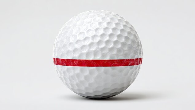 A single white golf ball with a bright red stripe around its middle