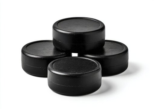 Four black, circular pucks stacked on a white background