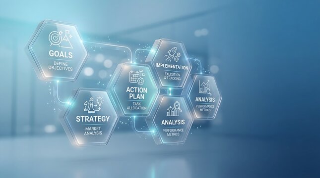 3D rendering of floating hexagonal displays showing a business strategy and action plan concept