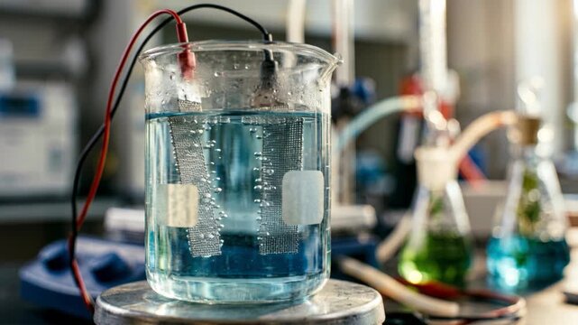 Clean energy chemistry green laboratory experiment showing electrolysis of water beaker with bubbling electrodes and clean beaker setup for hopeful