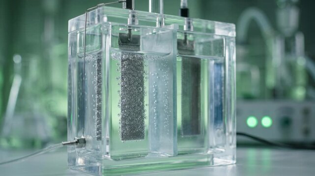 Clean energy chemistry green chemistry electrochemical cell laboratory experiment with metal electrodes producing bubbles sustainable energy
