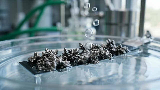 Silver metal dendrite crystal laboratory petri dish beaker metallic crystal clusters metallic dendrite structures laboratory glass dish clean energy