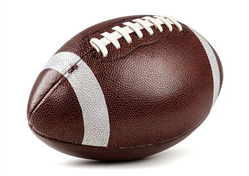 A textured, brown, oval-shaped ball with white laces and silver stripes