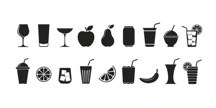 A collection of various drink and beverage icons, including glasses, cups, fruit, and a soda can