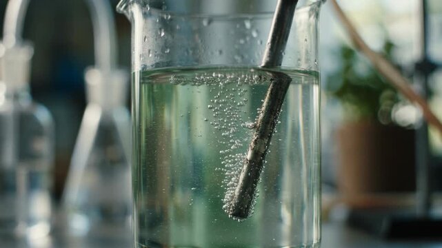 Clean green chemistry laboratory beaker probe electrode stirring rod energizing reaction producing bubbles clear solution for clean energy chemistry