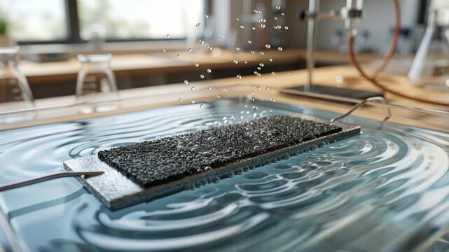 Clean energy chemistry green chemistry test strip electrolysis bubble water ripple laboratory beaker porous black carbon electrode foam membrane lab