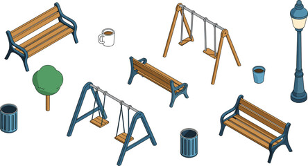 Fototapeta premium Isometric playground and park elements set with benches, swings and street lamp