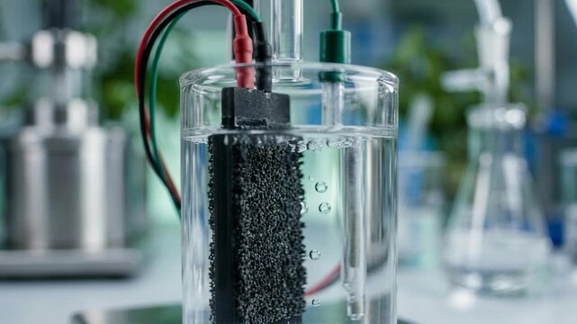 Clean energy chemistry green chemistry electrolysis electrode cell water bubbles laboratory experiment research clean green electrode immersed