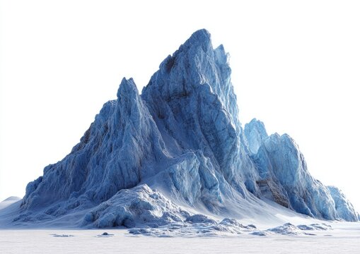 Jagged icy mountain peak glistens in bright light against a white background