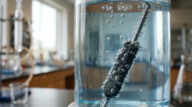 Clean energy chemistry green catalyst coated electrode releasing gas bubbles laboratory glass reactor showing porous electrode and bright green