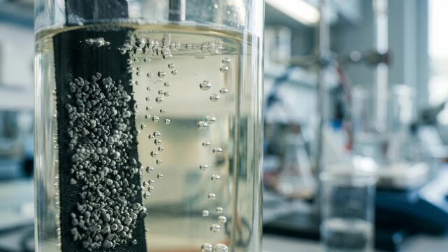 Clean energy chemistry green chemistry laboratory electrode electrolyte bubble releasing gas bubbles electrolyte solution showing reaction process