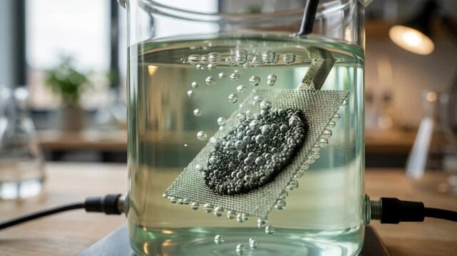 Clean energy green chemistry electrode electrolysis hydrogen bubbles in water glass laboratory metal mesh catalyst experiment research