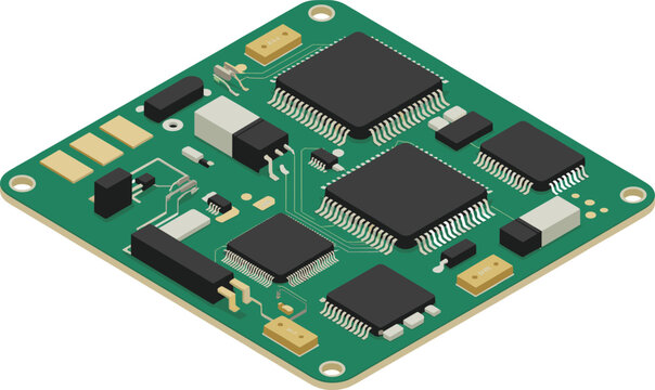 Isometric printed circuit board with microchips electronic components vector illustration for technology design