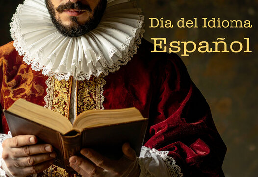 Cartel Dia del idioma espa&ntilde;ol con un hombre con vestimenta del Siglo de Oro espa&ntilde;ol leyendo un libro abierto evocando la literatura cl&aacute;sica espa&ntilde;ola