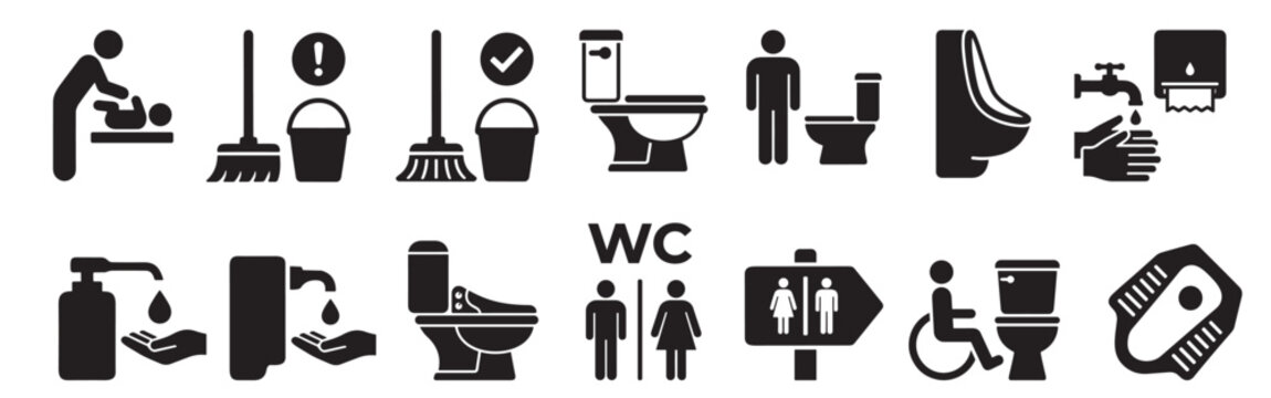 restroom and sanitation icons set with toilet cleaning and hygiene symbols, bathroom facility equipment and maintenance pictograms in silhouette style isolated on transparent background