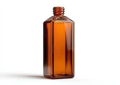 Amber glass rectangular bottle with narrow neck, isolated on white
