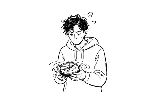 Young man looking confused at a spinning compass in his hands
