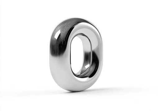 Shiny, metallic, three-dimensional number zero, casting a subtle shadow on white