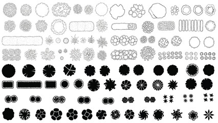Garden landscape design vector set with botanical silhouettes, line art elements, planting plan layouts, architecture drafting symbols for creative outdoor projects. © prarthana