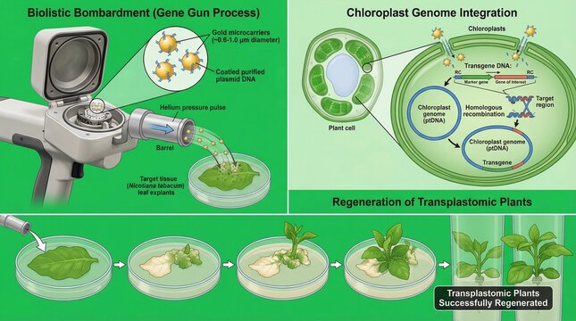 A scientific illustration of the biolistic bombardment gene gun process for chloroplast genome integration and regeneration of transplastomic plants