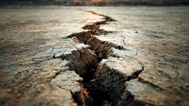 Closeup of a large crack in dry and damaged earth or asphalt surface ai generated image