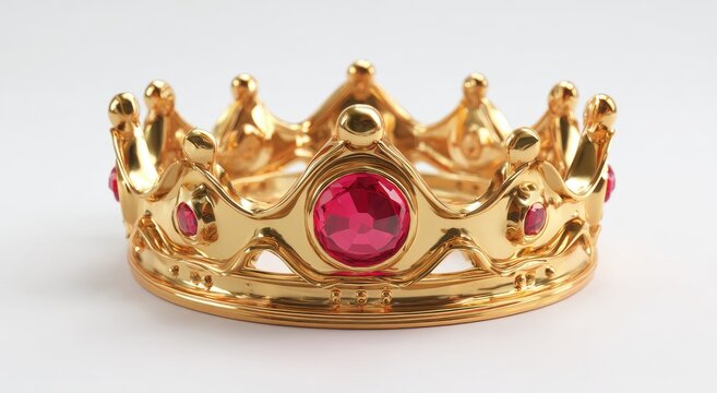 Gleaming gold crown with ruby-like gems sits on a white surface