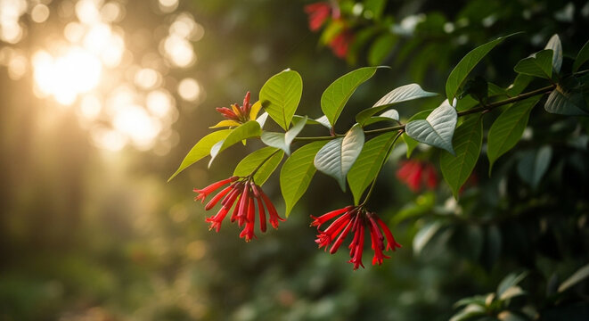 Beautiful red firebush flowers blooming on a branch in the golden hour sunlight