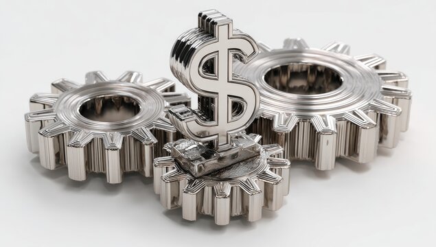 Shiny metal gears interlock with a prominent dollar sign