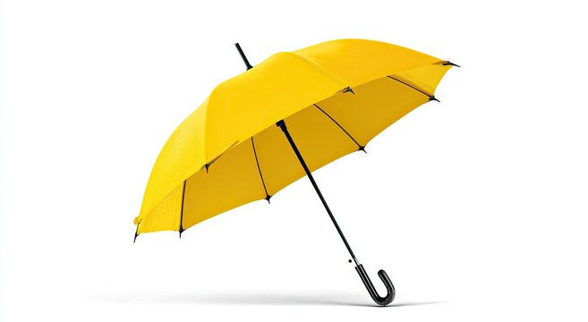 Bright yellow umbrella with black handle and frame, set against a white background