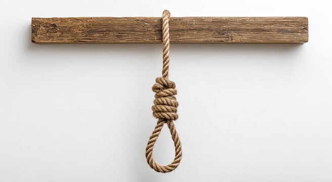 Rough wooden beam with a hanging noose made of thick rope