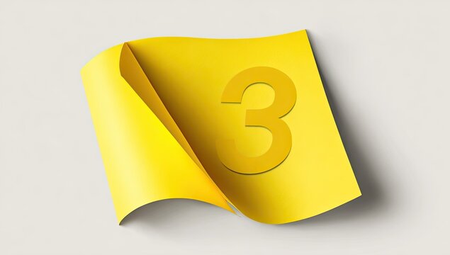 Yellow paper curls, revealing large golden numeral 3 on light background